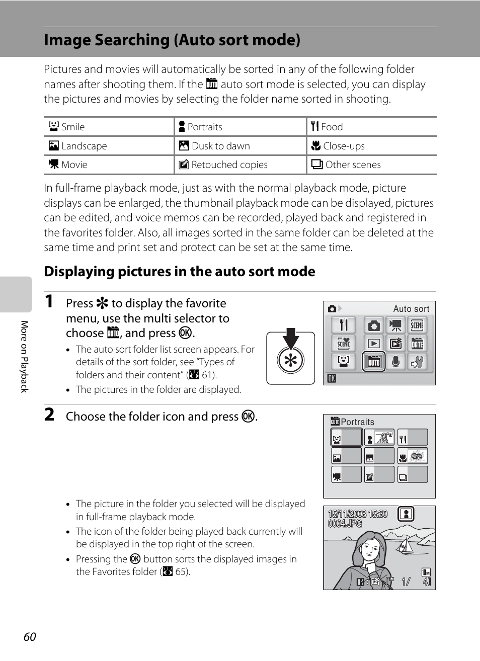 Image searching (auto sort mode), Displaying pictures in the auto sort mode, A 60) | Nikon S560 User Manual | Page 74 / 172