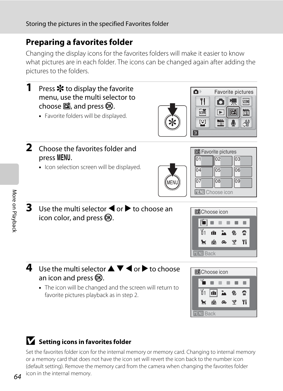 Preparing a favorites folder, A 64) | Nikon S560 User Manual | Page 78 / 172