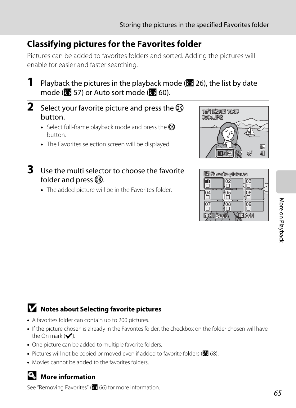 Classifying pictures for the favorites folder, A 65) | Nikon S560 User Manual | Page 79 / 172