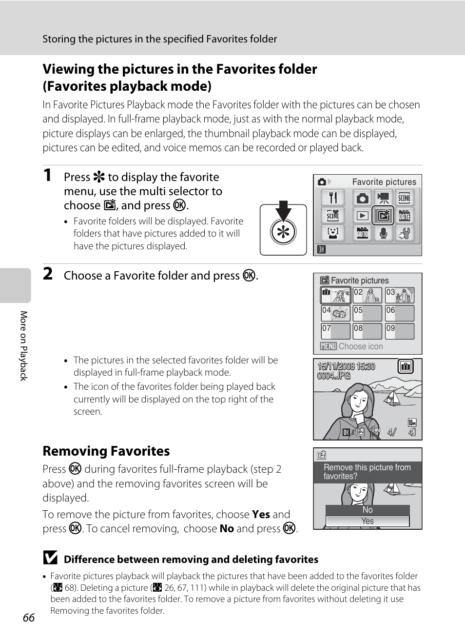 Removing favorites, A 66), Ee ”removing favorites | A 66, Choose a favorite folder and press k | Nikon S560 User Manual | Page 80 / 172