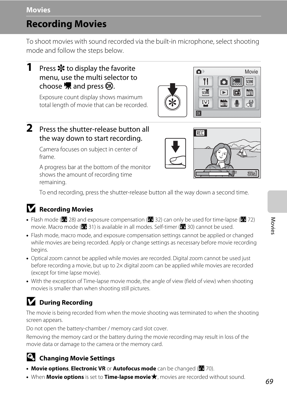 Movies, Recording movies, D movies | A 69, A 69) are | Nikon S560 User Manual | Page 83 / 172