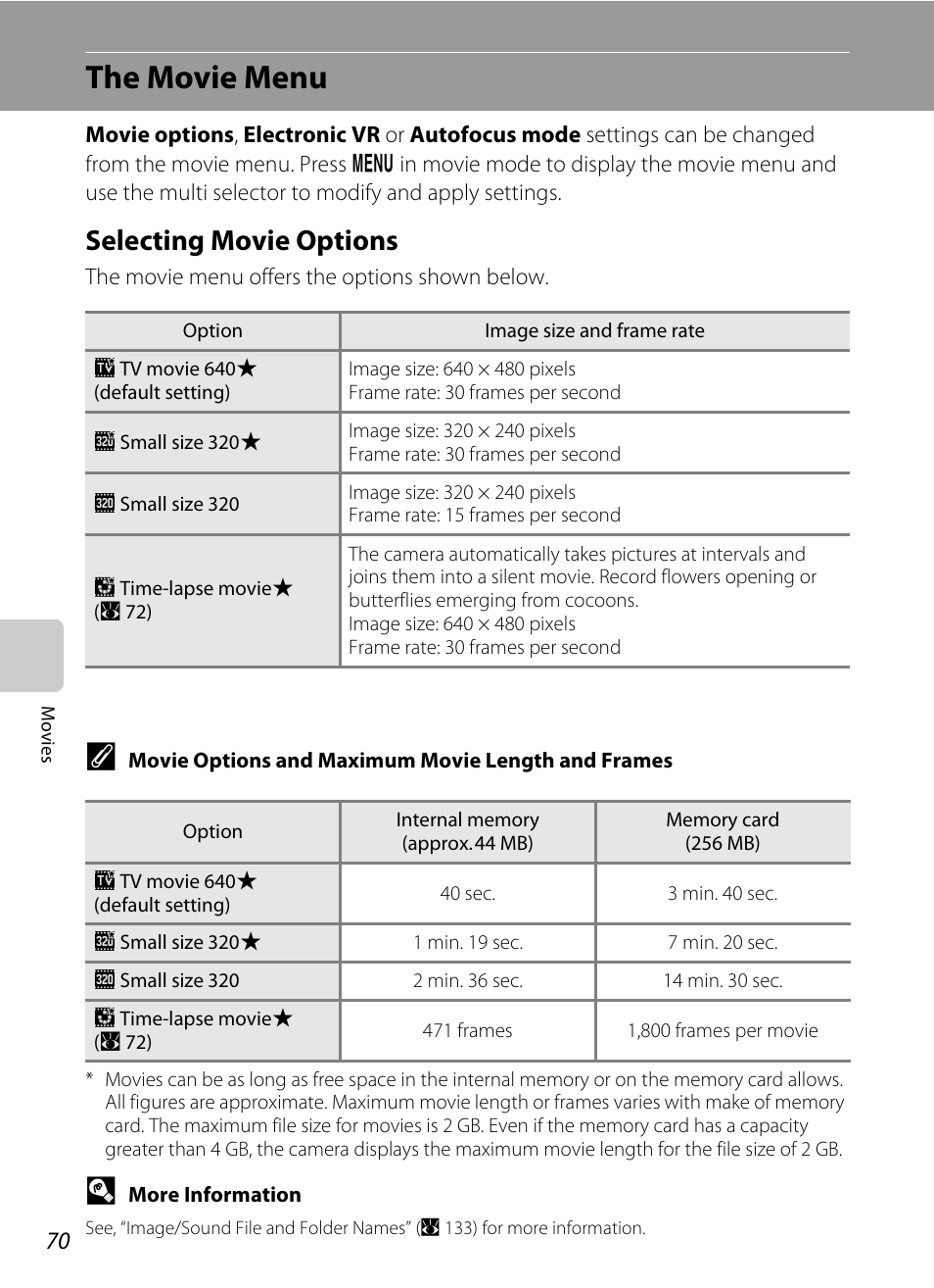 The movie menu, Selecting movie options, A 70) | Nikon S560 User Manual | Page 84 / 172