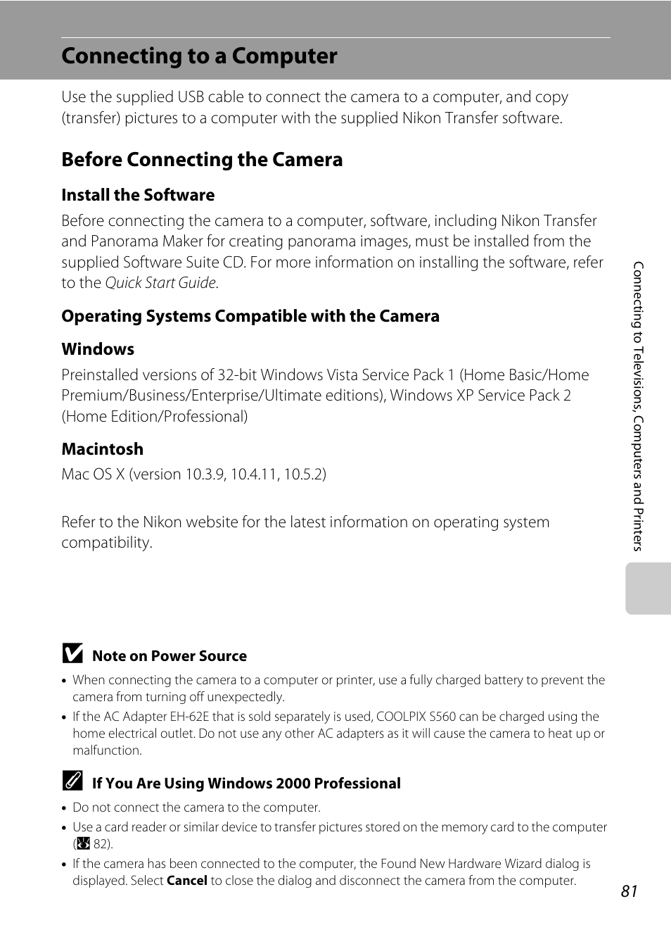 Connecting to a computer, Before connecting the camera, A 81) and us | Nikon S560 User Manual | Page 95 / 172