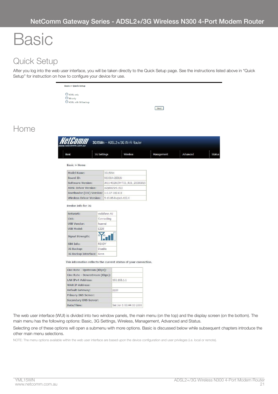 Basic, Quick setup, Home | Nortel Networks N300 User Manual | Page 21 / 72