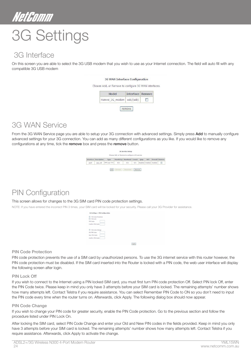 3g settings, 3g interface, 3g wan service | Pin configuration | Nortel Networks N300 User Manual | Page 24 / 72