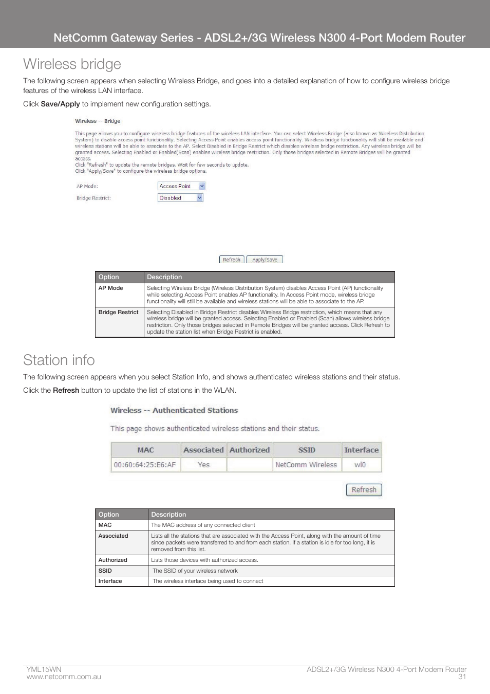 Wireless bridge, Station info | Nortel Networks N300 User Manual | Page 31 / 72