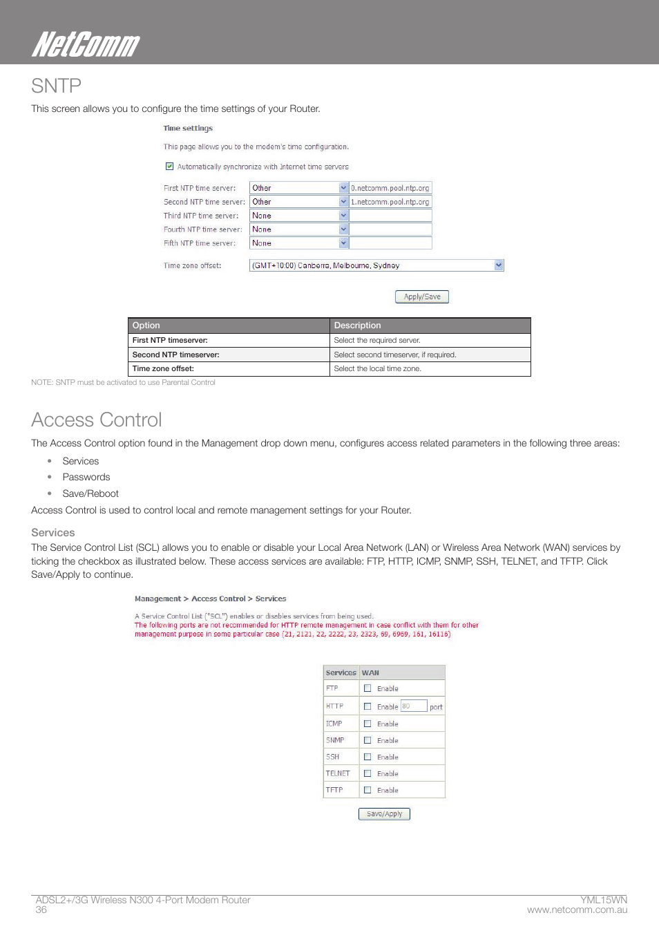 Sntp, Access control | Nortel Networks N300 User Manual | Page 36 / 72