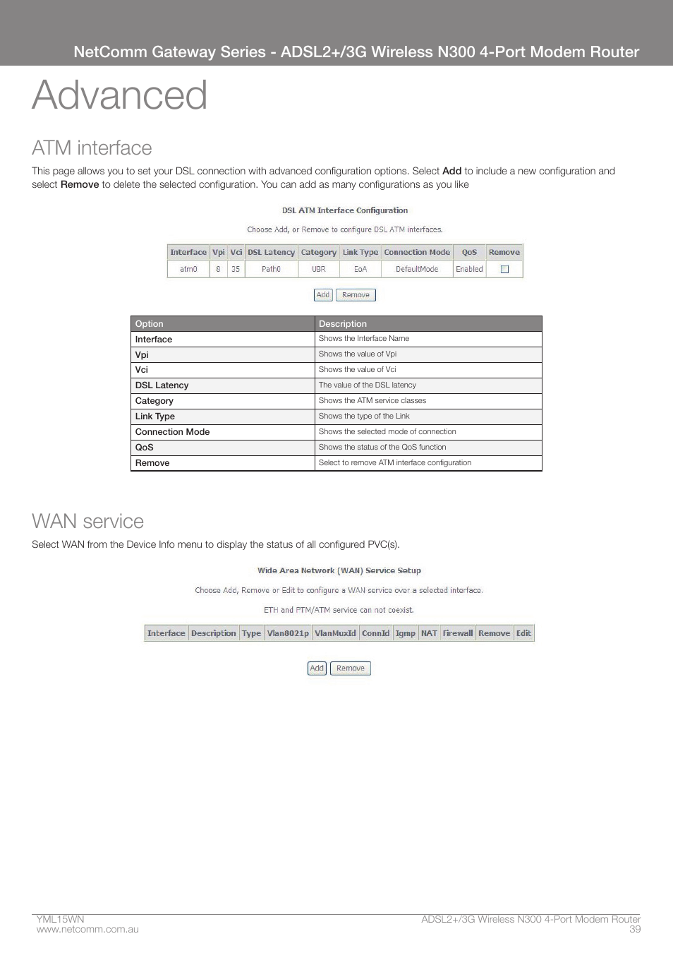 Advanced, Atm interface, Wan service | Nortel Networks N300 User Manual | Page 39 / 72