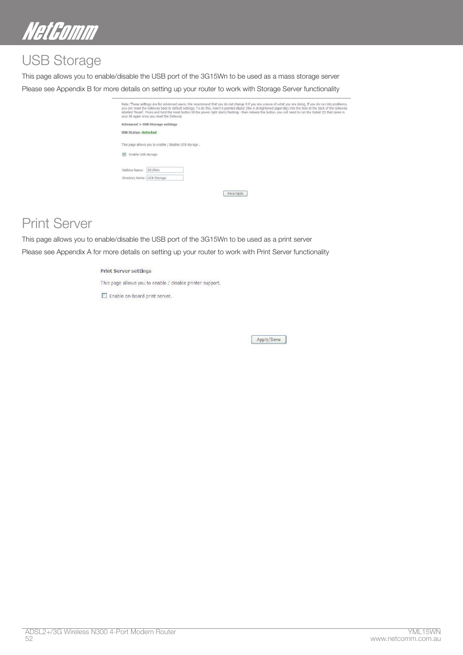 Usb storage, Print server | Nortel Networks N300 User Manual | Page 52 / 72