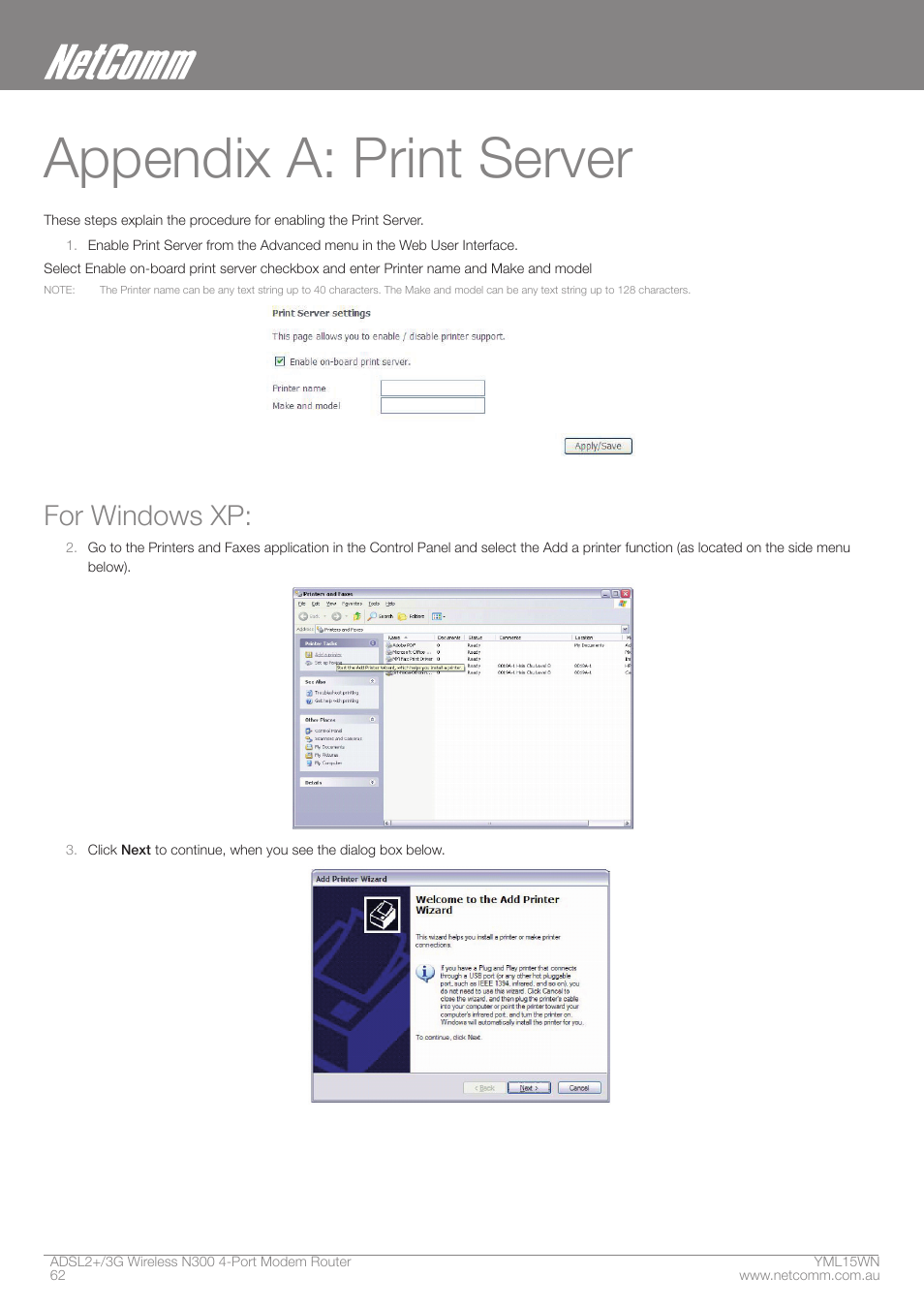 Appendix a: print server, For windows xp | Nortel Networks N300 User Manual | Page 62 / 72