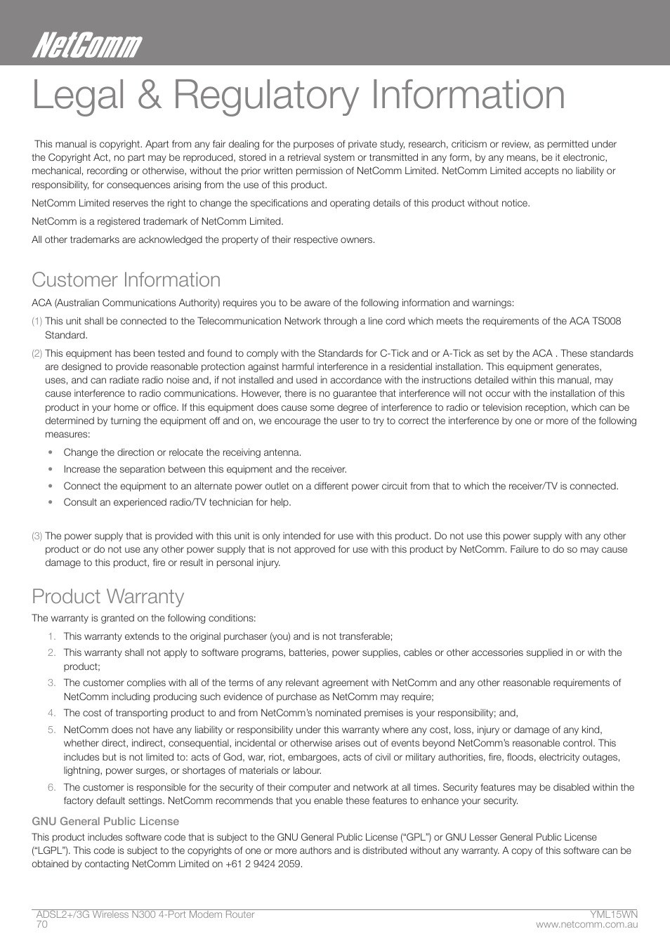 Legal & regulatory information, Customer information, Product warranty | Nortel Networks N300 User Manual | Page 70 / 72