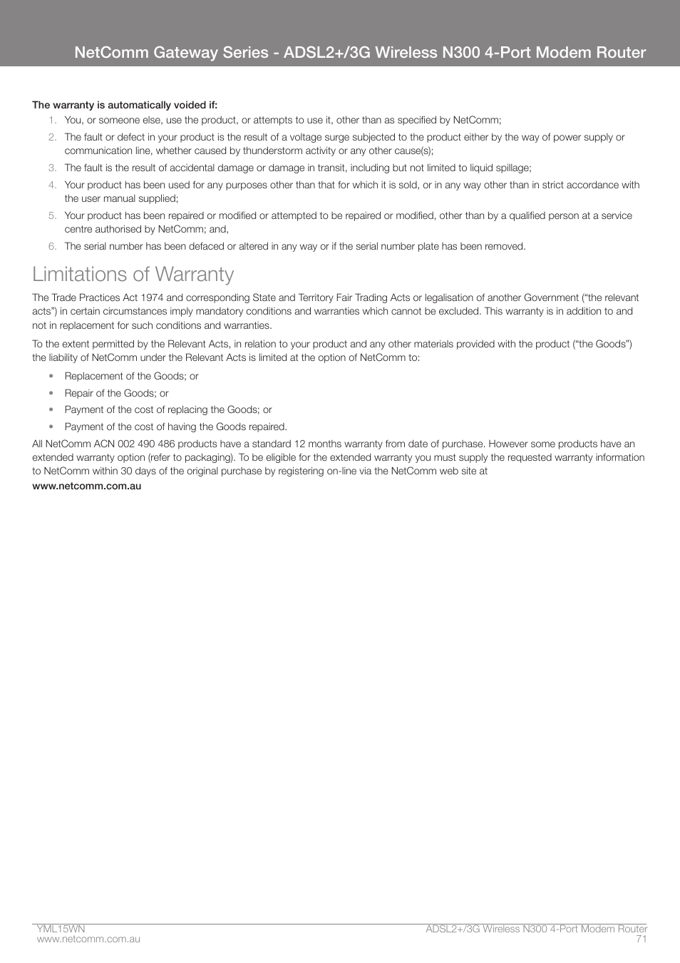 Limitations of warranty | Nortel Networks N300 User Manual | Page 71 / 72