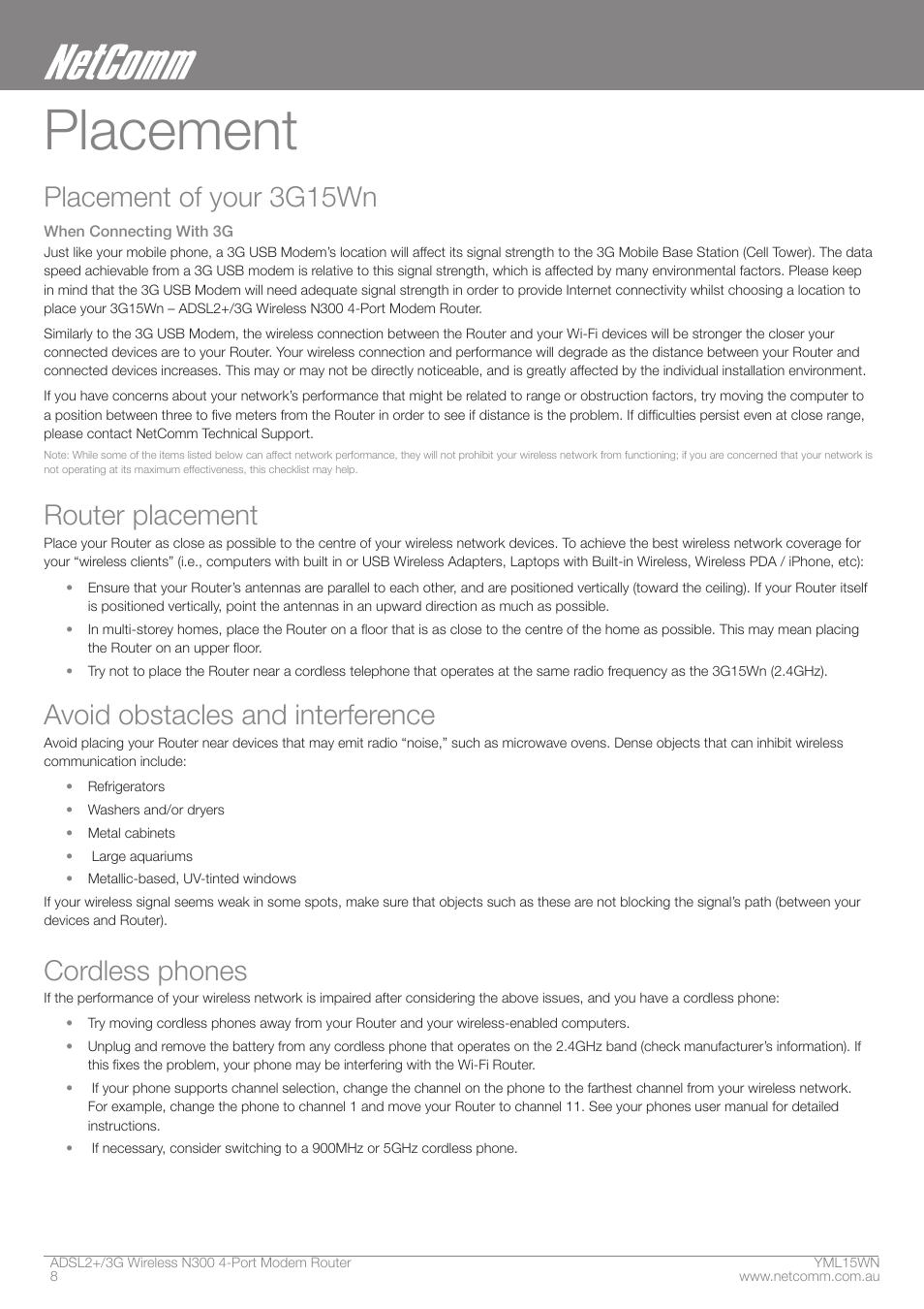 Placement, Placement of your 3g15wn, Router placement | Avoid obstacles and interference, Cordless phones | Nortel Networks N300 User Manual | Page 8 / 72