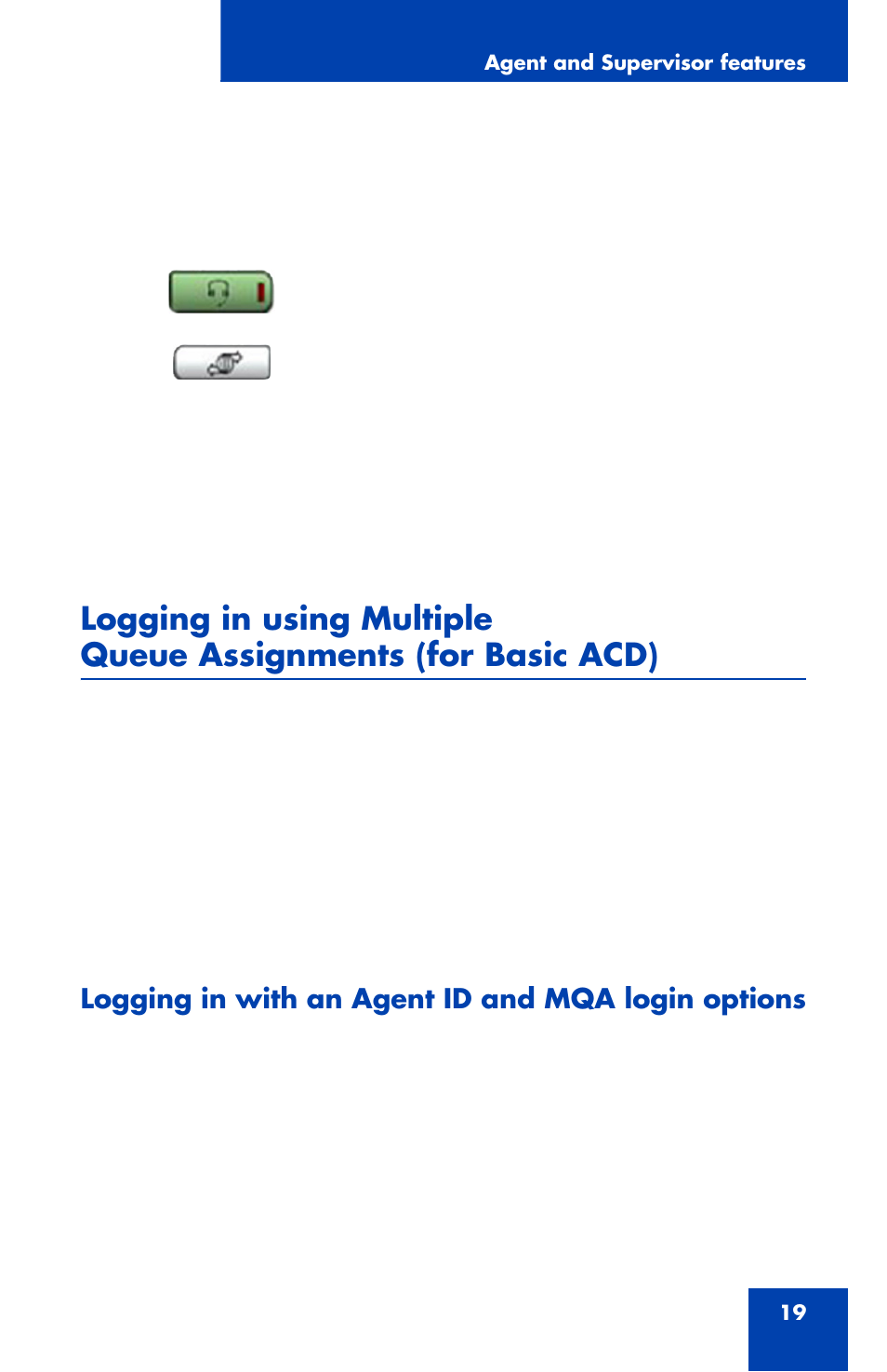 Logging in with an agent id and mqa login options | Nortel Networks NN43112-107 User Manual | Page 19 / 46