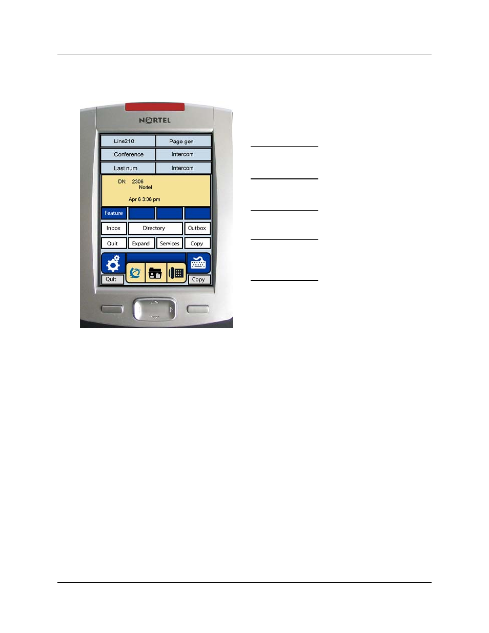 Programmable line (dn)/ feature soft key area, Information area, Soft key area | Nortel Networks NN40050-109 User Manual | Page 8 / 20