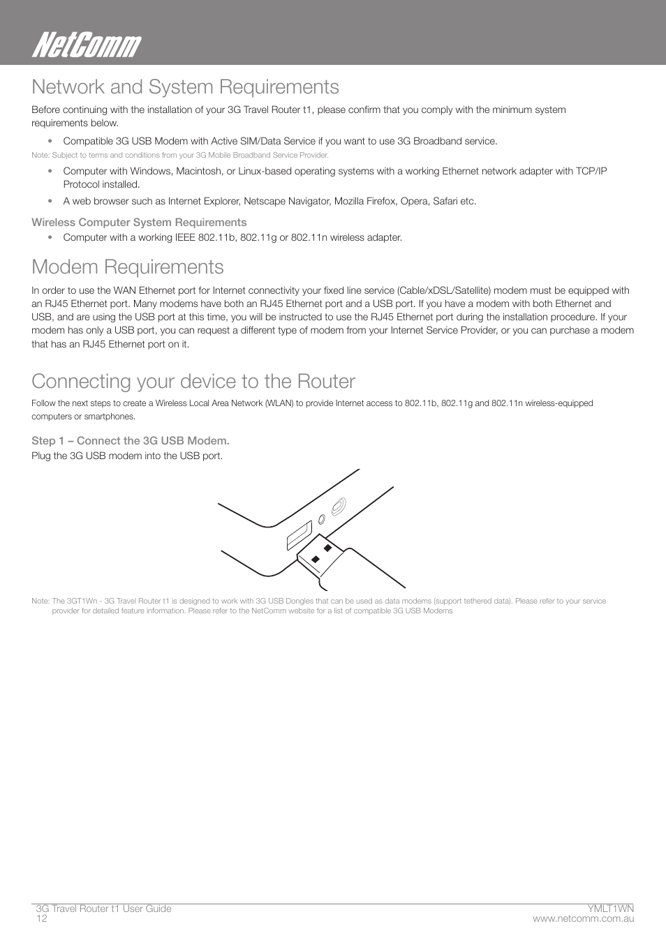 Network and system requirements, Modem requirements, Connecting your device to the router | Nortel Networks T1 User Manual | Page 12 / 51