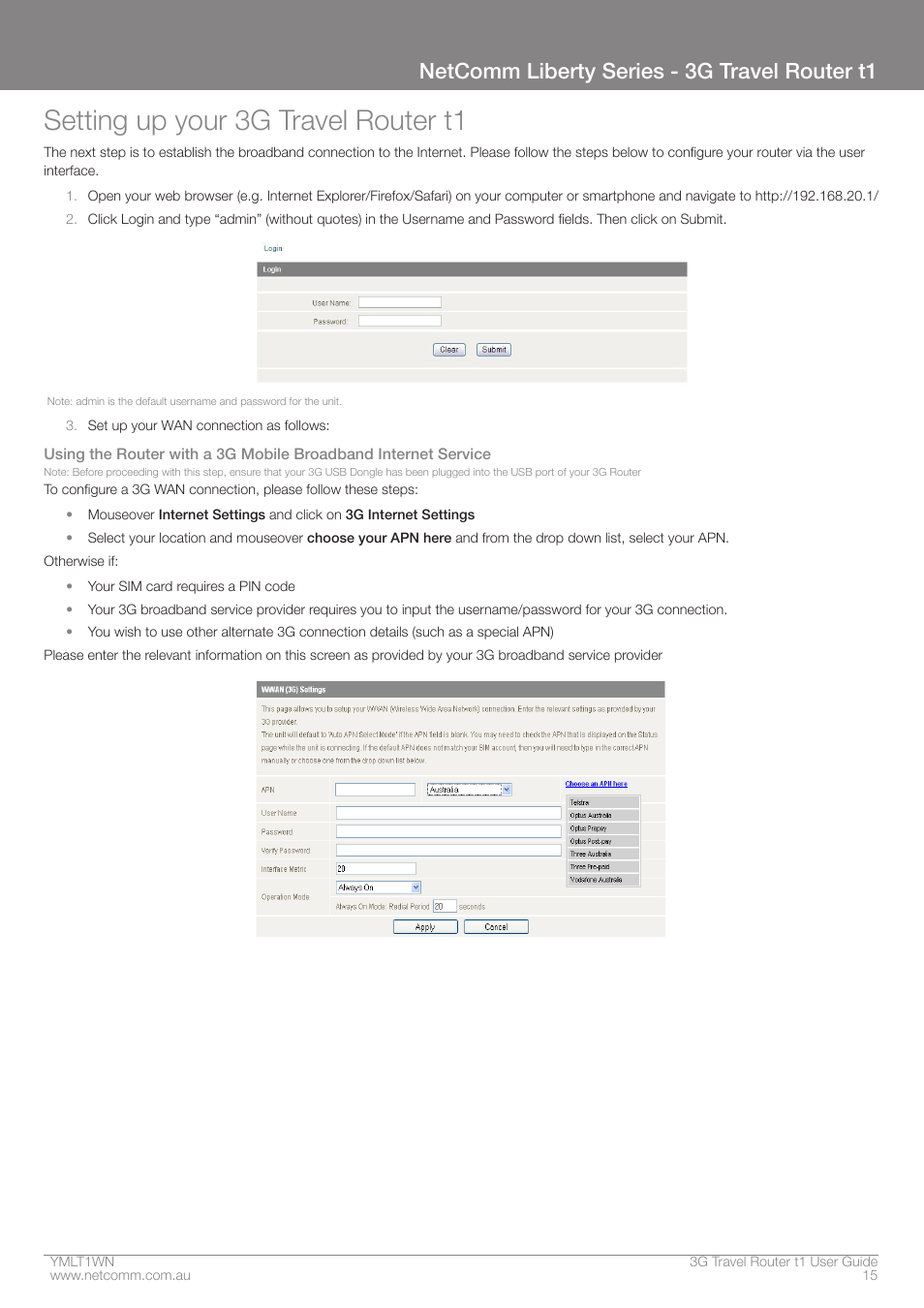 Setting up your 3g travel router t1, Netcomm liberty series - 3g travel router t1 | Nortel Networks T1 User Manual | Page 15 / 51