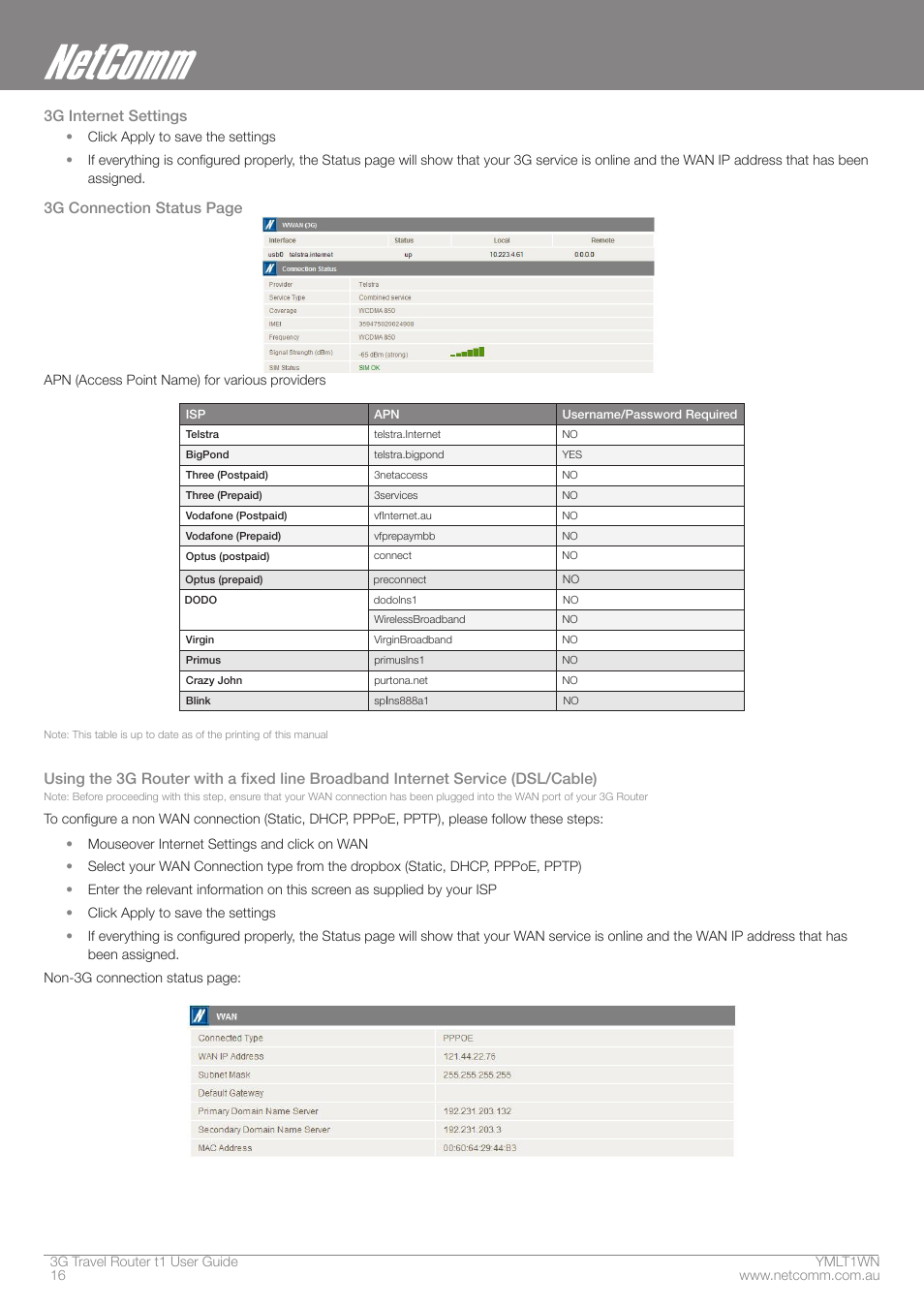 3g internet settings, 3g connection status page | Nortel Networks T1 User Manual | Page 16 / 51