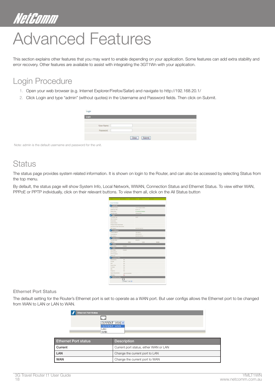 Advanced features, Login procedure, Status | Nortel Networks T1 User Manual | Page 18 / 51