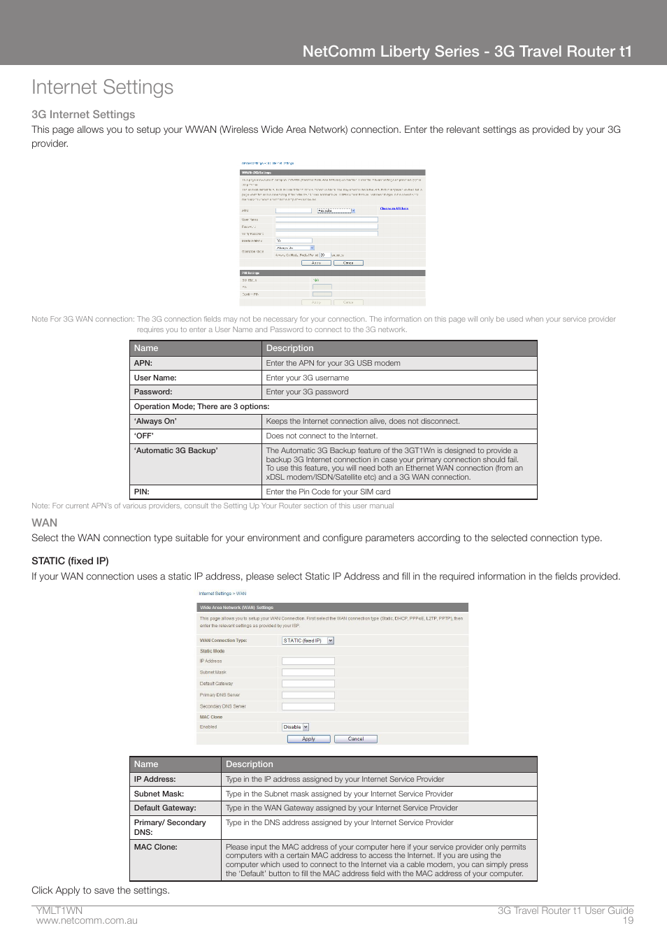 Internet settings, Netcomm liberty series - 3g travel router t1, 3g internet settings | Nortel Networks T1 User Manual | Page 19 / 51