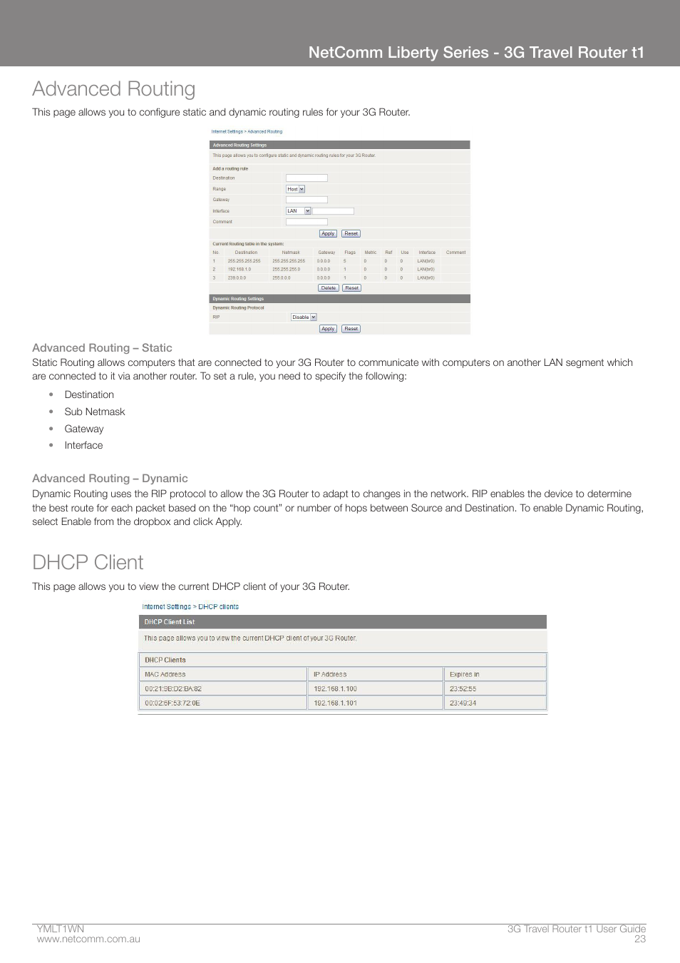 Advanced routing, Dhcp client, Netcomm liberty series - 3g travel router t1 | Nortel Networks T1 User Manual | Page 23 / 51