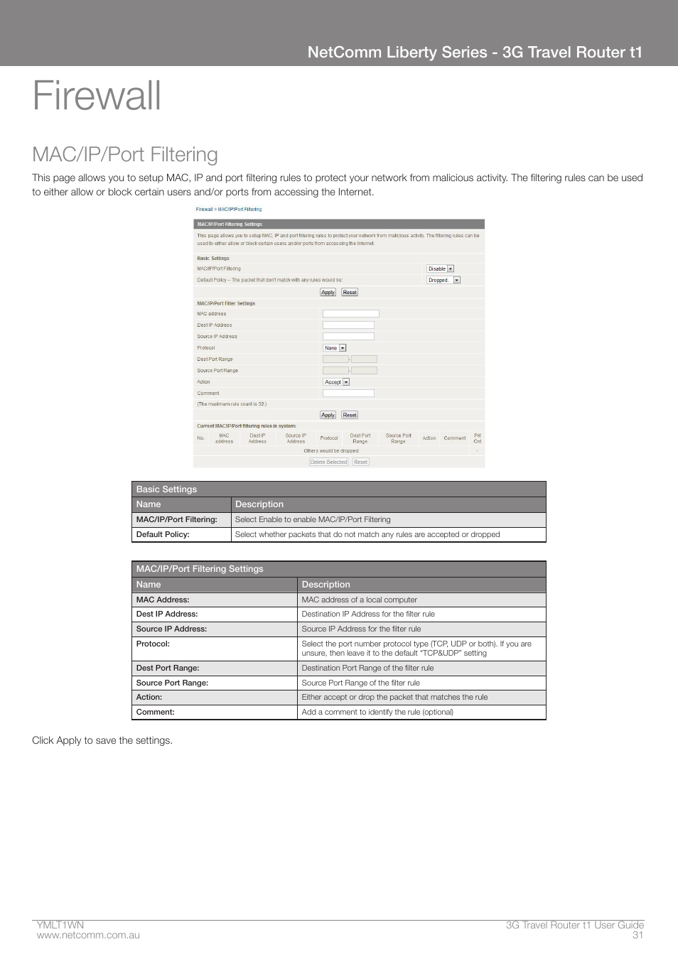 Firewall, Mac/ip/port filtering, Netcomm liberty series - 3g travel router t1 | Nortel Networks T1 User Manual | Page 31 / 51