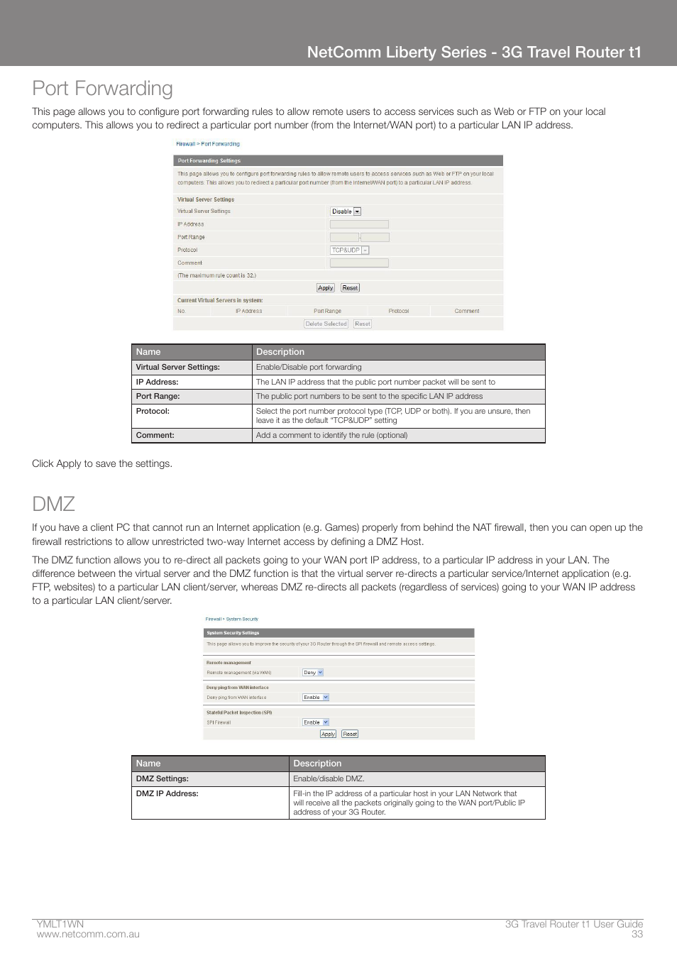 Port forwarding, Netcomm liberty series - 3g travel router t1 | Nortel Networks T1 User Manual | Page 33 / 51