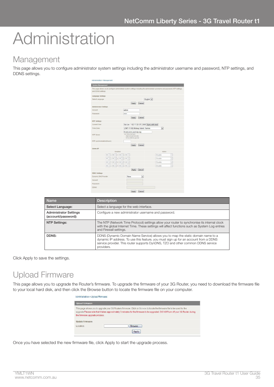 Administration, Management, Upload firmware | Netcomm liberty series - 3g travel router t1 | Nortel Networks T1 User Manual | Page 35 / 51
