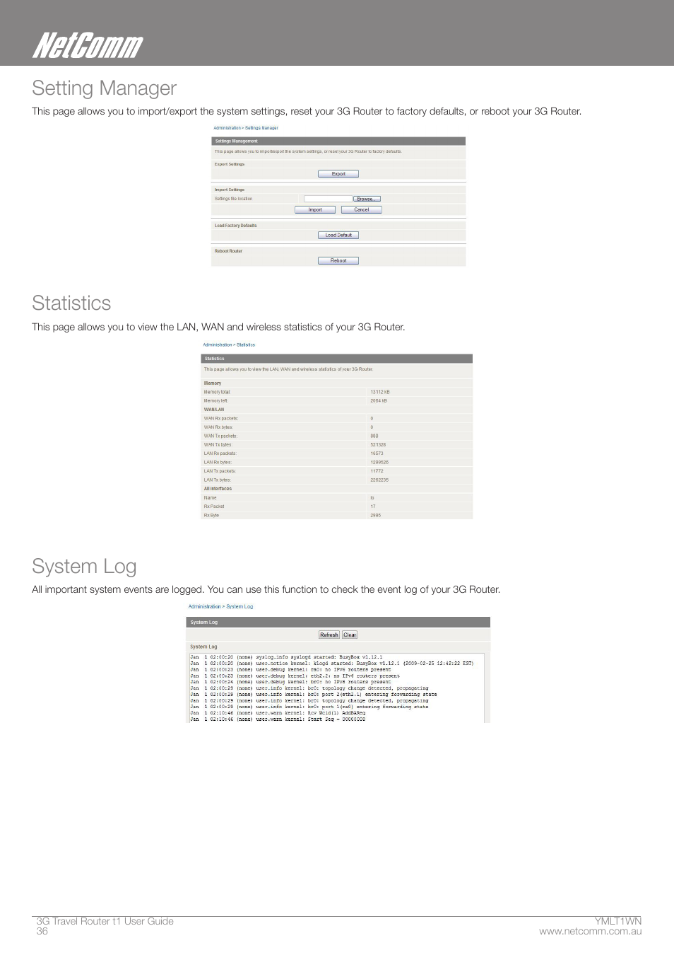 Setting manager, Statistics, System log | Nortel Networks T1 User Manual | Page 36 / 51