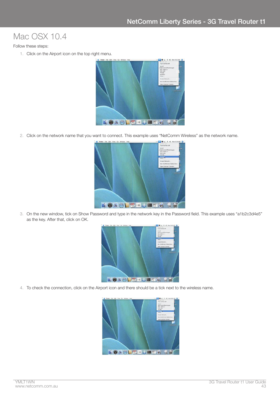 Mac osx 10.4, Netcomm liberty series - 3g travel router t1 | Nortel Networks T1 User Manual | Page 43 / 51
