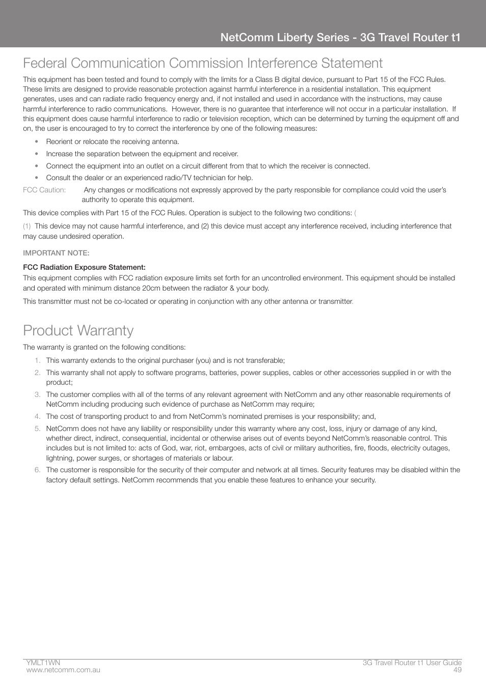 Product warranty, Netcomm liberty series - 3g travel router t1 | Nortel Networks T1 User Manual | Page 49 / 51