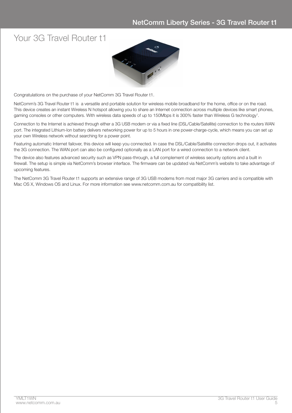 Your 3g travel router t1, Netcomm liberty series - 3g travel router t1 | Nortel Networks T1 User Manual | Page 5 / 51