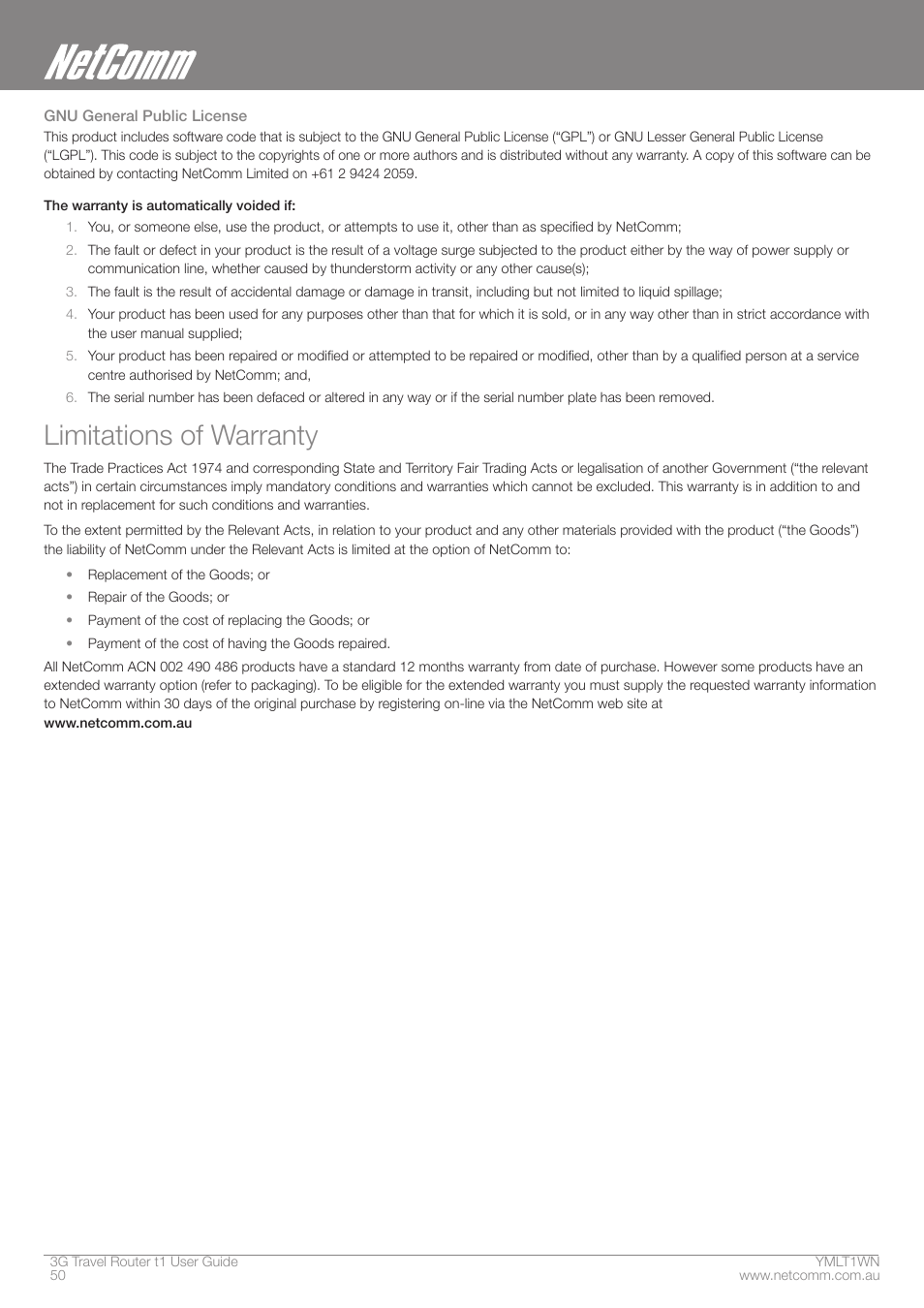 Limitations of warranty | Nortel Networks T1 User Manual | Page 50 / 51