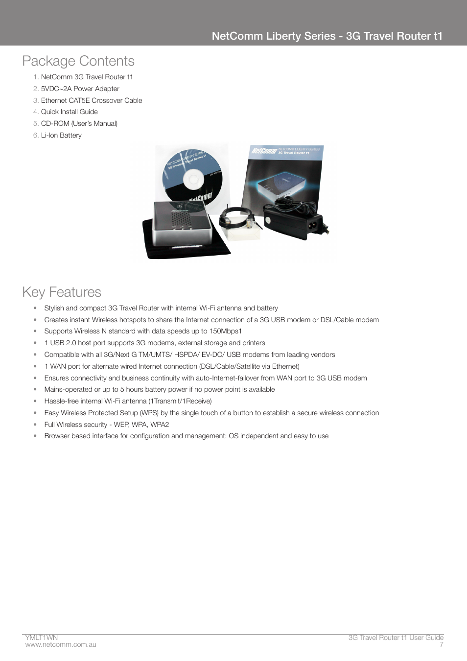 Package contents, Key features, Netcomm liberty series - 3g travel router t1 | Nortel Networks T1 User Manual | Page 7 / 51
