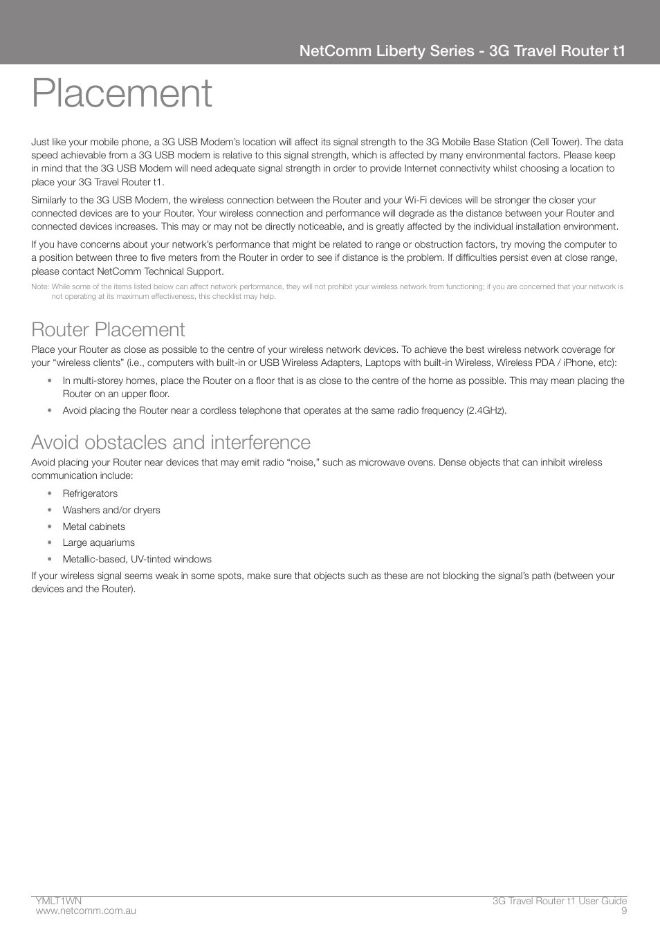 Placement, Router placement, Avoid obstacles and interference | Netcomm liberty series - 3g travel router t1 | Nortel Networks T1 User Manual | Page 9 / 51