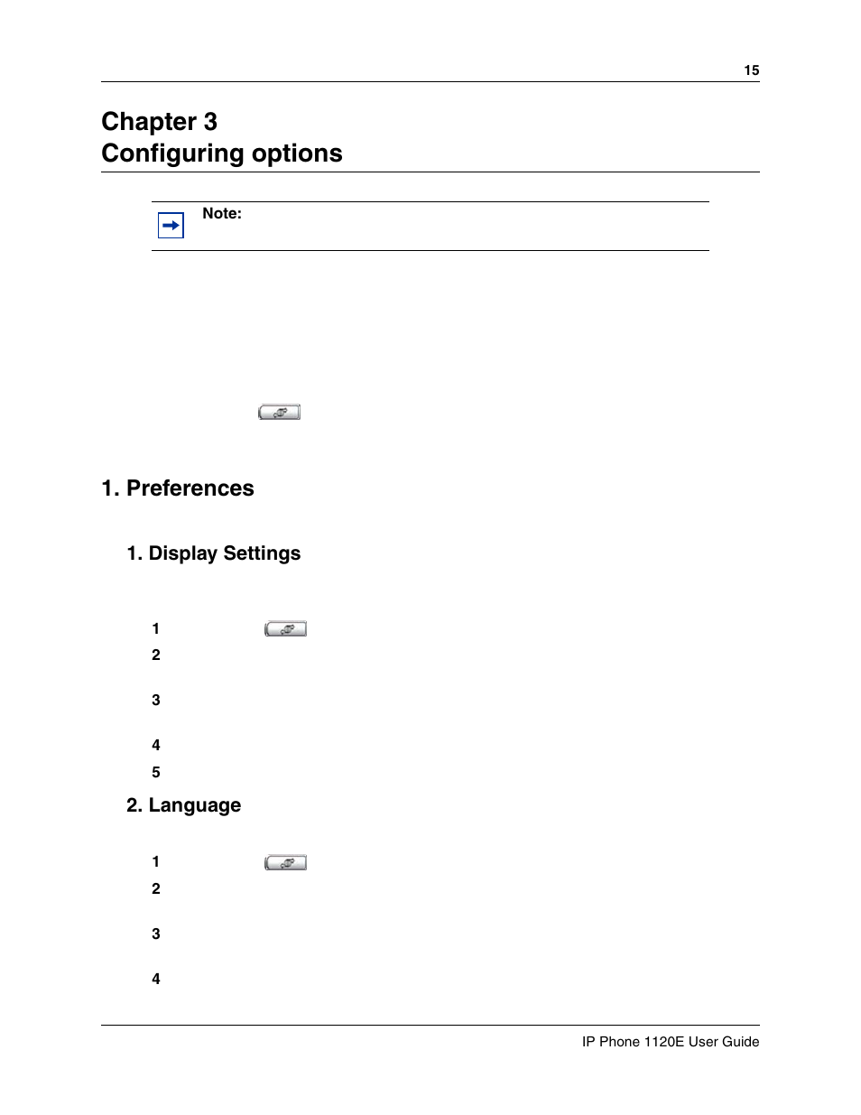 Configuring options, Preferences, Display settings | Language, Chapter 3 configuring options | Nortel Networks 1120E User Manual | Page 15 / 25