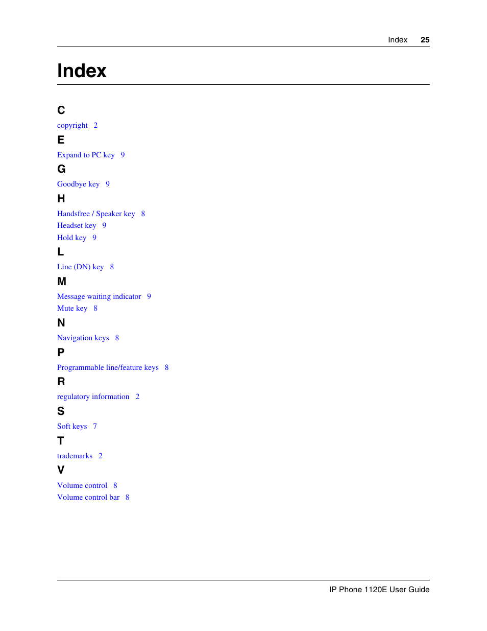 Index | Nortel Networks 1120E User Manual | Page 25 / 25