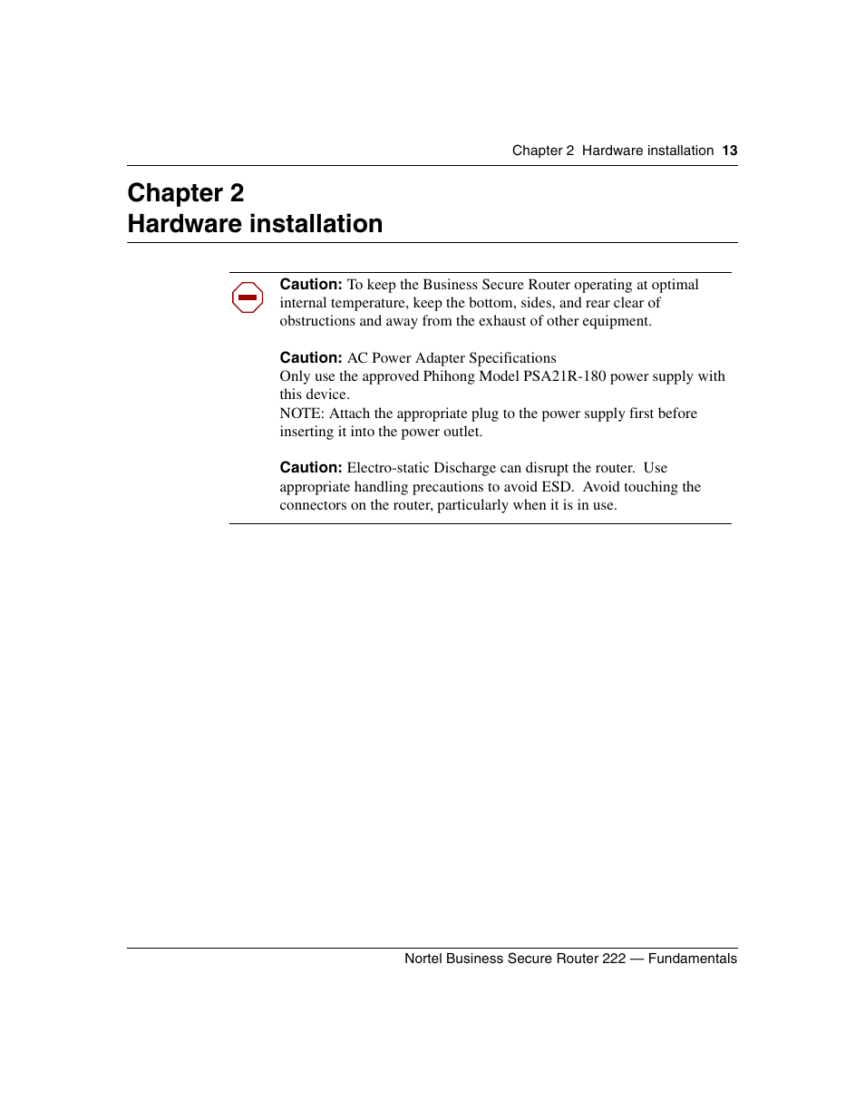Hardware installation, Chapter 2 hardware installation | Nortel Networks BSR222 User Manual | Page 13 / 42
