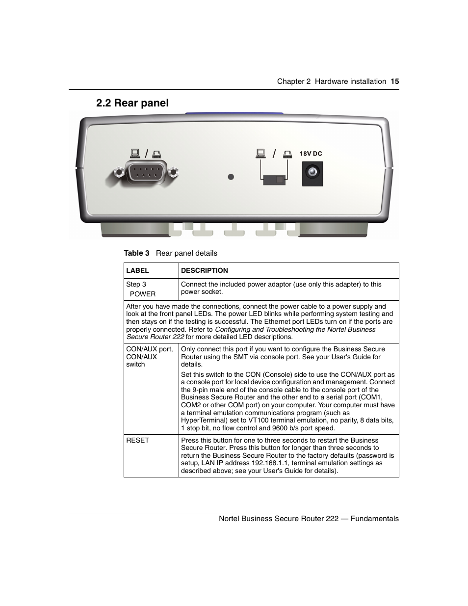 2 rear panel, Table 3, Rear panel details | Nortel Networks BSR222 User Manual | Page 15 / 42