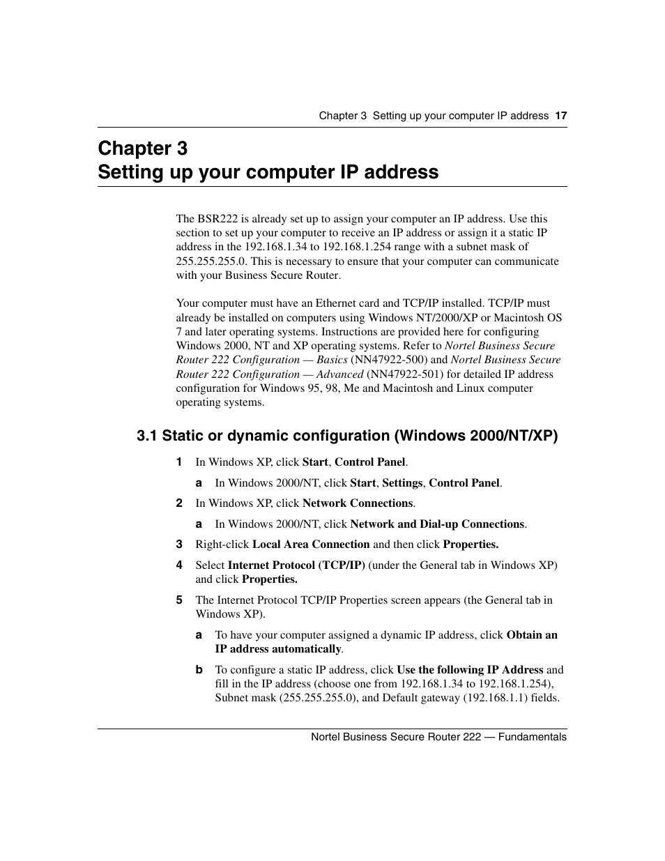 Setting up your computer ip address, Chapter 3 setting up your computer ip address | Nortel Networks BSR222 User Manual | Page 17 / 42