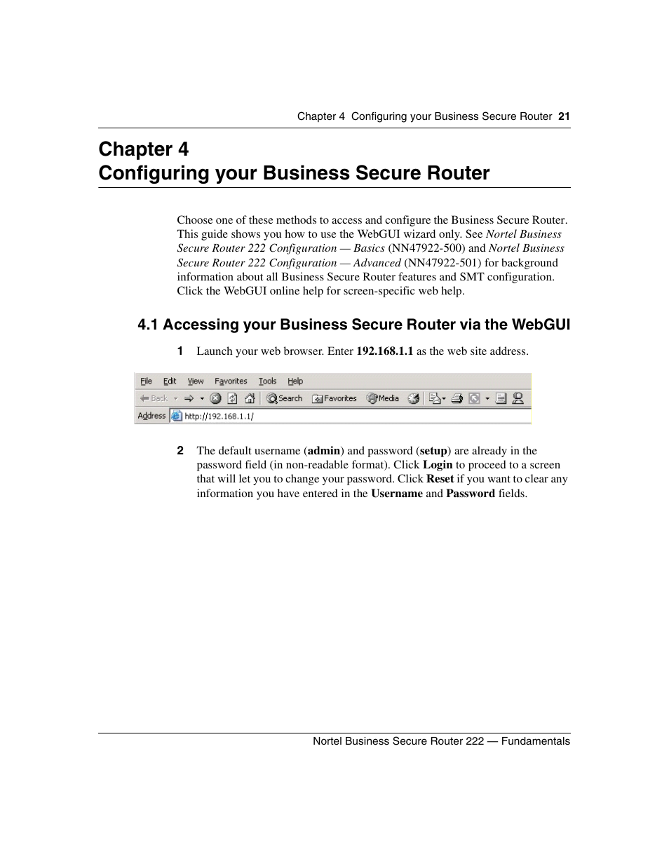 Configuring your business secure router, Chapter 4 configuring your business secure router | Nortel Networks BSR222 User Manual | Page 21 / 42