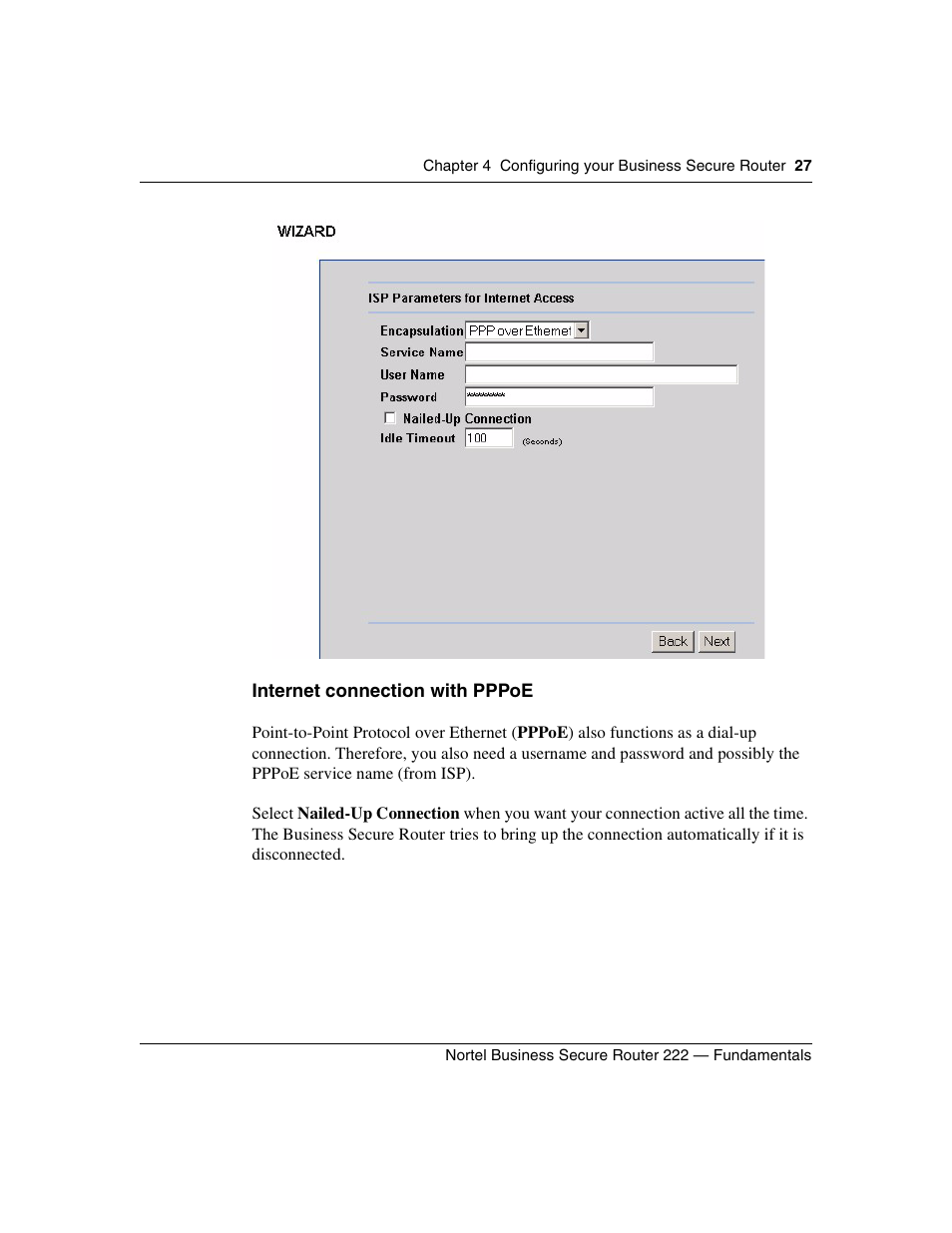 Internet connection with pppoe | Nortel Networks BSR222 User Manual | Page 27 / 42