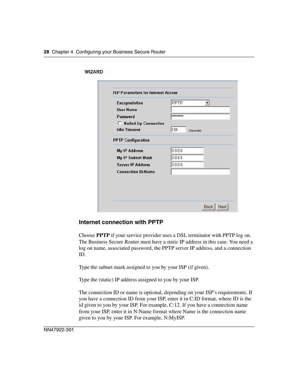 Internet connection with pptp | Nortel Networks BSR222 User Manual | Page 28 / 42