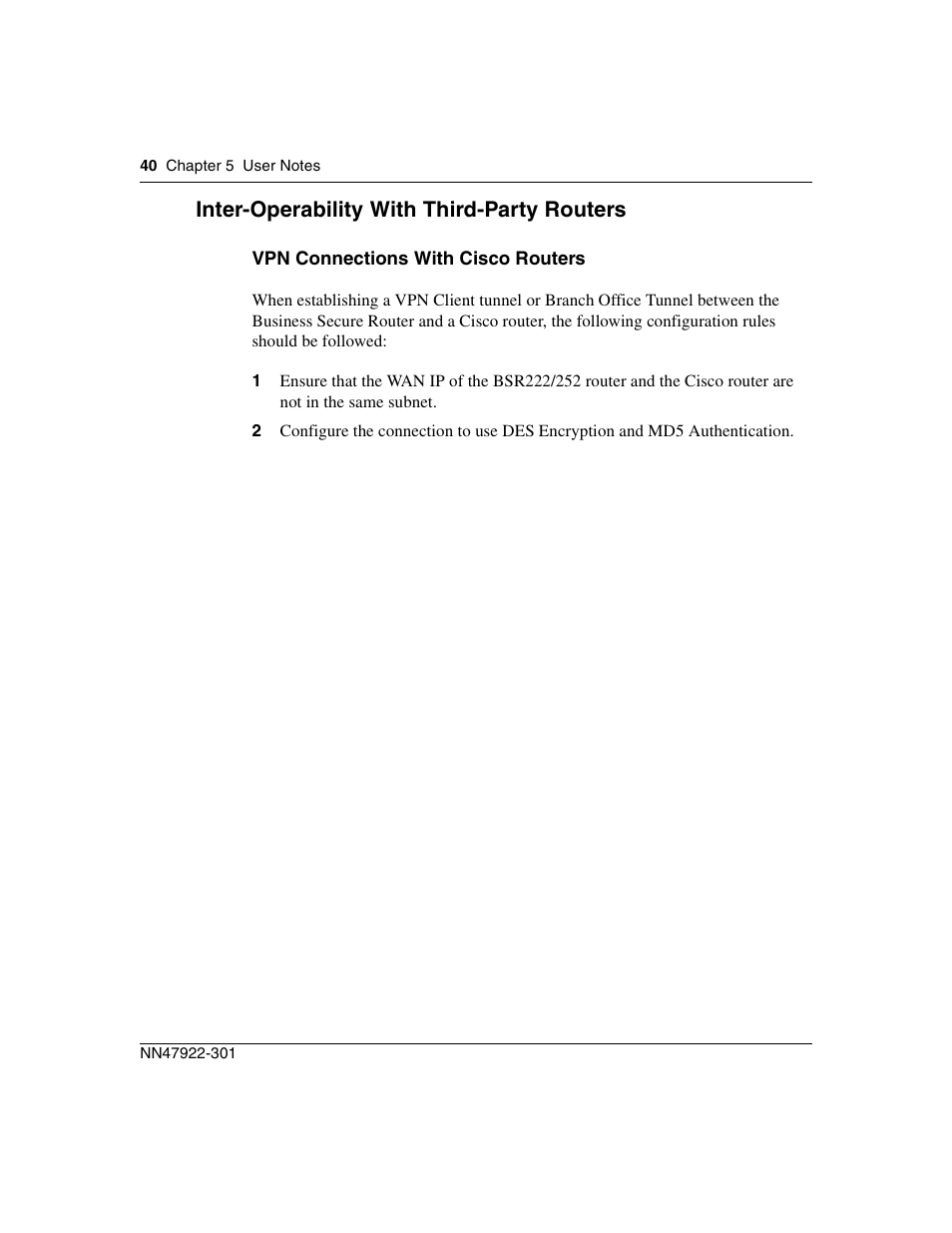 Inter-operability with third-party routers, Vpn connections with cisco routers | Nortel Networks BSR222 User Manual | Page 40 / 42