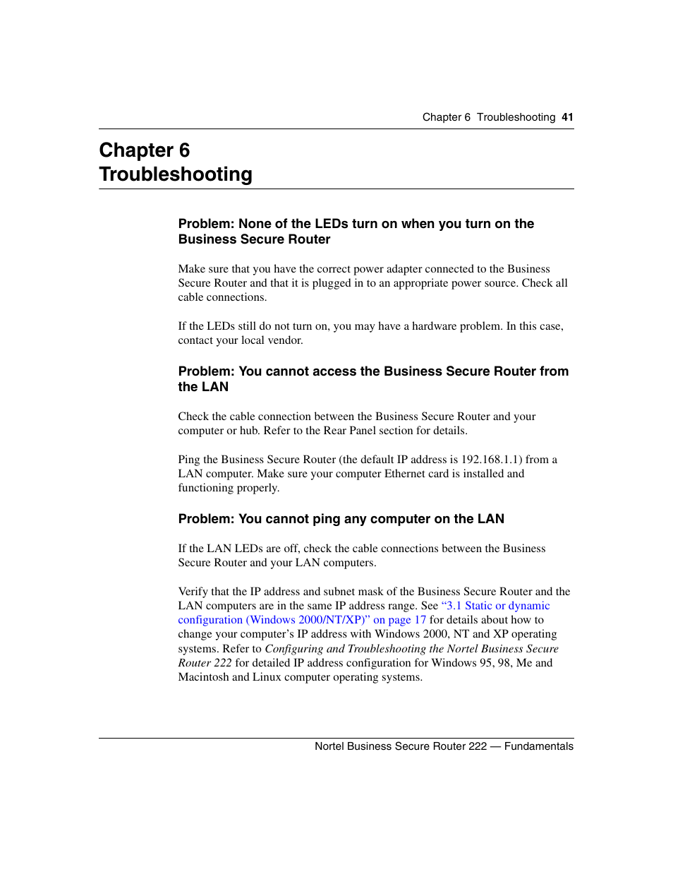 Troubleshooting, Chapter 6 troubleshooting, Problem: you cannot ping any computer on the lan | Nortel Networks BSR222 User Manual | Page 41 / 42