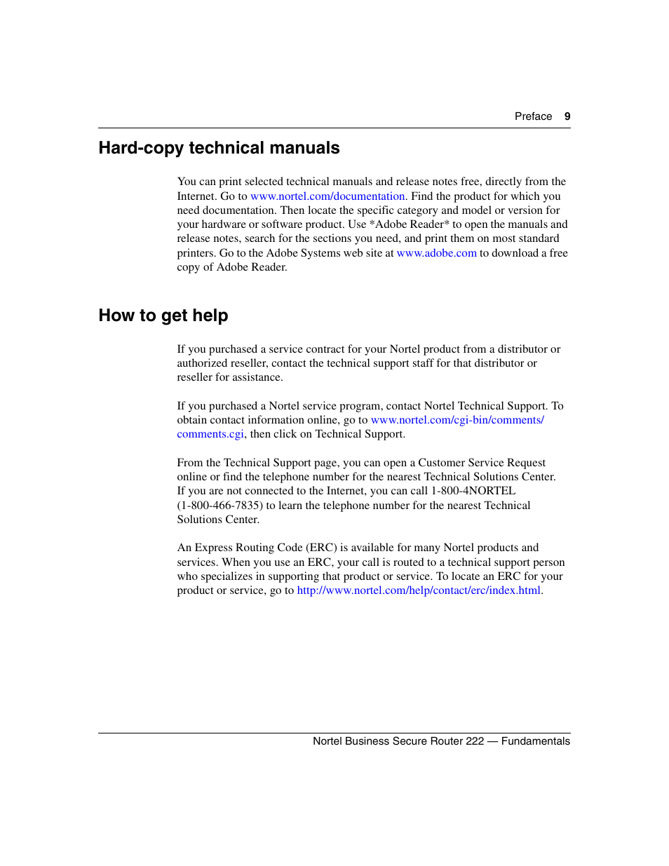 Hard-copy technical manuals, How to get help | Nortel Networks BSR222 User Manual | Page 9 / 42