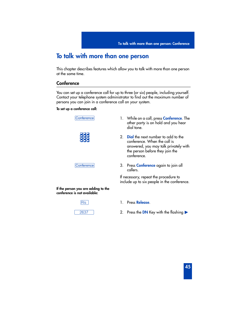 To talk with more than one person, Conference | Nortel Networks Meridian M2008 User Manual | Page 51 / 74