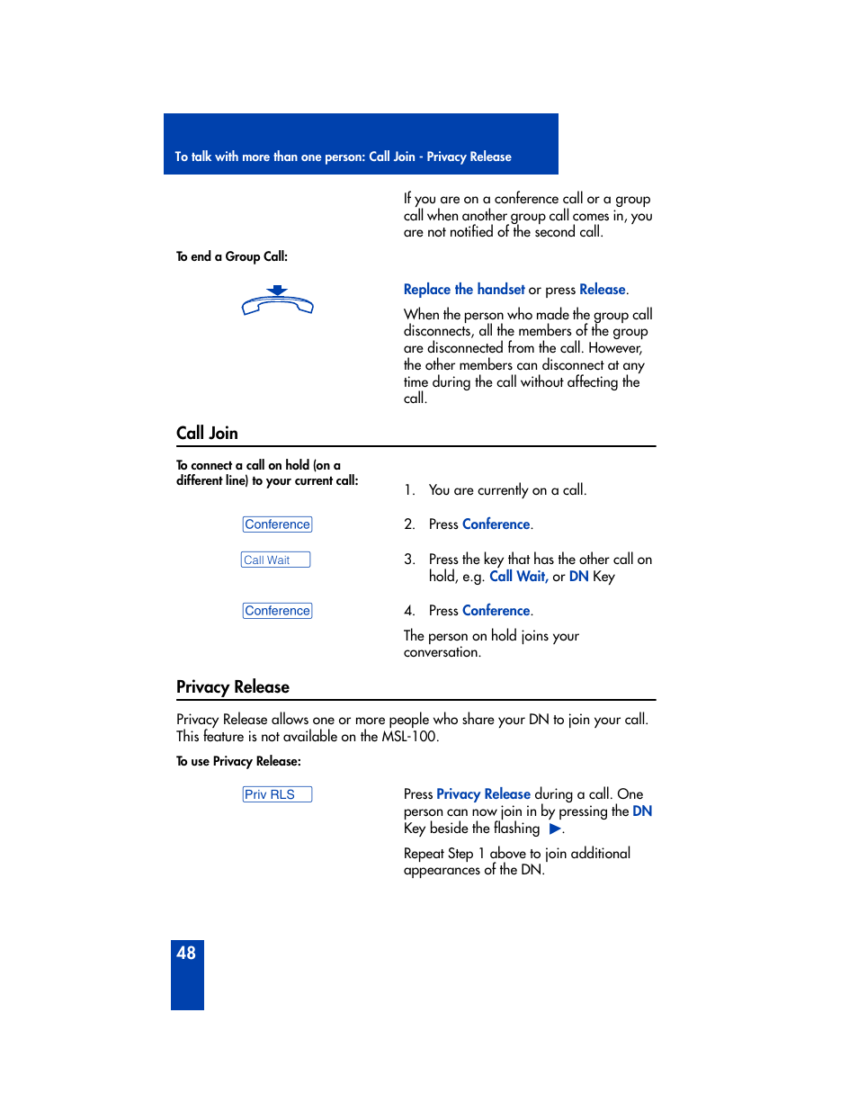 Call join, Privacy release | Nortel Networks Meridian M2008 User Manual | Page 54 / 74