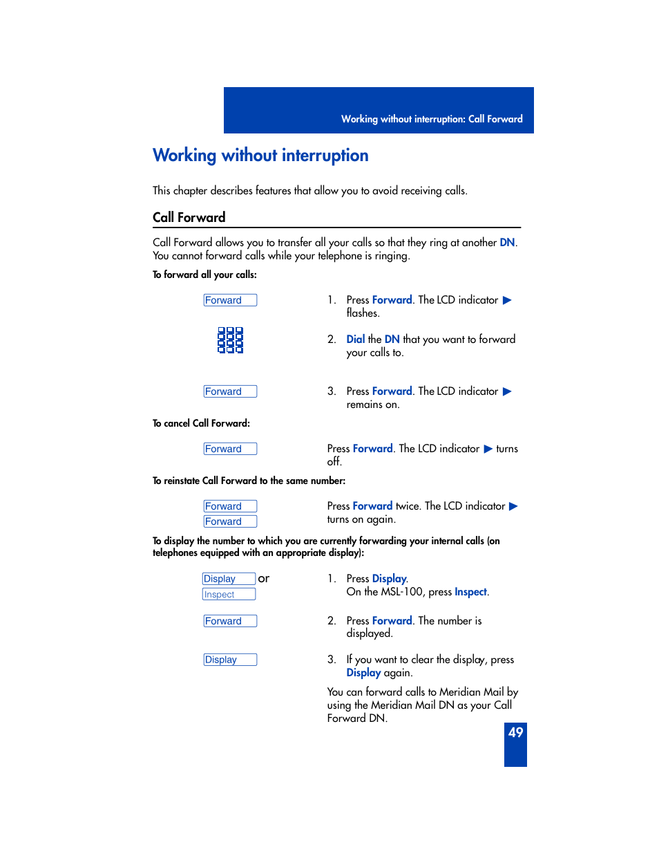 Working without interruption, Call forward | Nortel Networks Meridian M2008 User Manual | Page 55 / 74