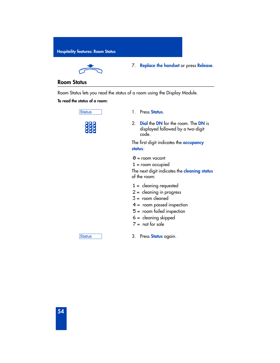 Room status | Nortel Networks Meridian M2008 User Manual | Page 60 / 74